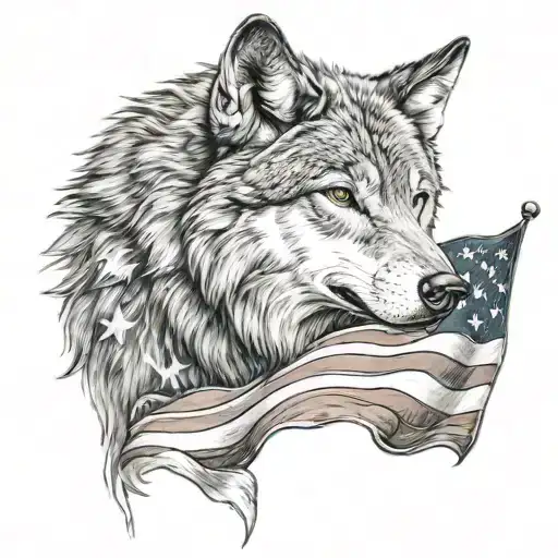 Wolf Coning Through An American Flag