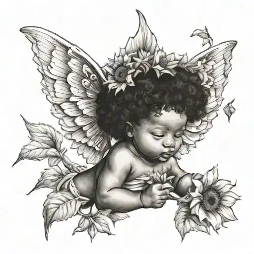 African American Baby Cherub Holding A Sunflower Sitting On Flowers