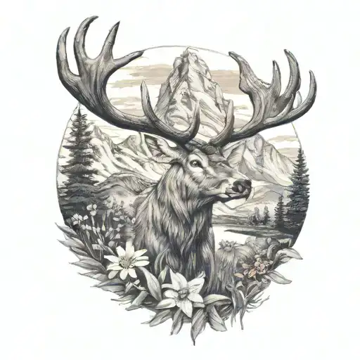 Realism Mountain Landscape With Red Deer And Edelweiss