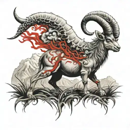 Wounder Capricorn With Red Eyes Standing On Grass With Eruption Of Volkano In The Background