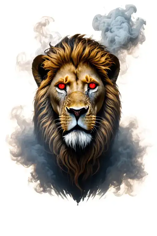 Lion Head With Smoke And Beneath A Gladiator Looking Straight On With A Red Eye
