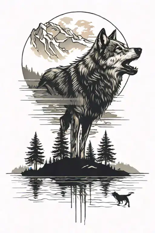 Wolf And Lake Scene