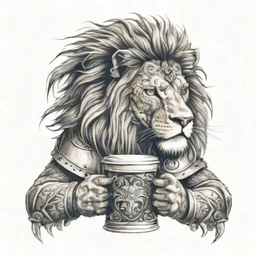 A Realistic Portrait Of A Lion Wearing Armor And Holding A Coffee Cup