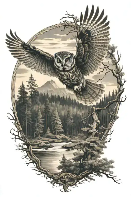 Owl Flying Over Forest Scene