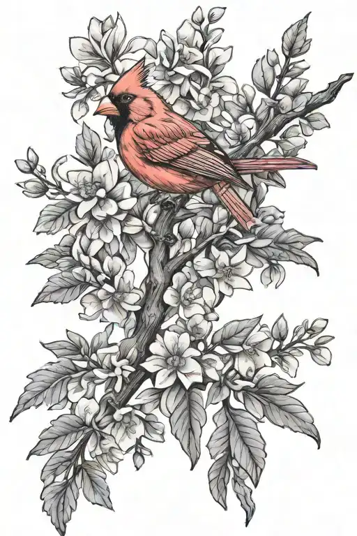 Red Cardinal Perched On A Tree Branch With Flower Surrounded