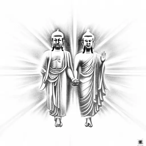 Realistic Depiction Of Buddha And Jesus Holding Hands With Rays Of Light Emanating From Their Palms