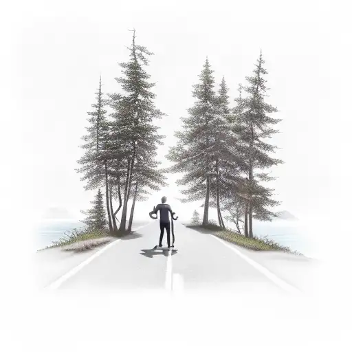 An Athletic Man And Woman Walk Out Of The Ocean On A Road Leading Up Into The Forrest And Mountains