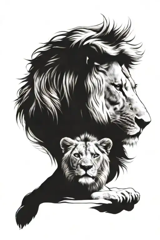 A Male Lion With Blue Eyes Protecting His Daughter