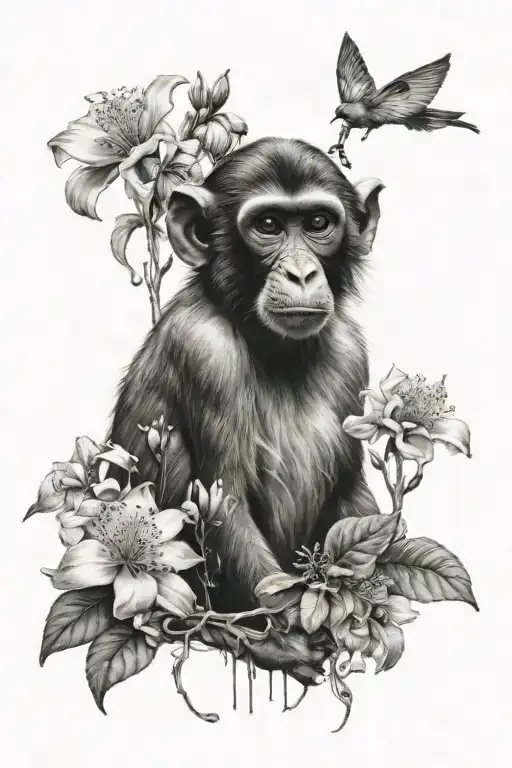 Rhesus Monkey Surrounded By Flowers Growing