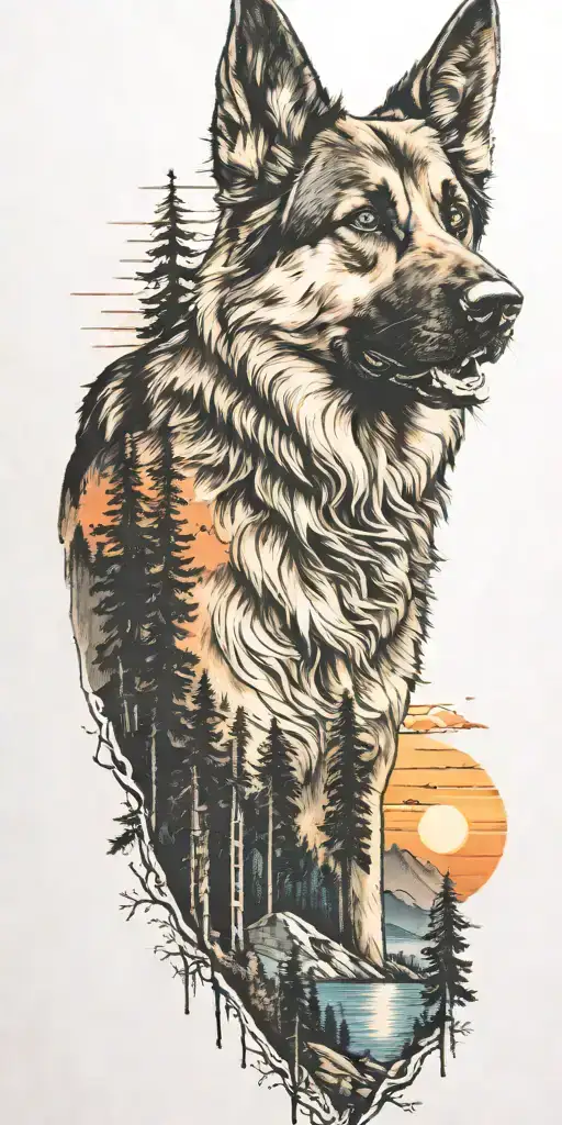 German Shepard And Mountains And Trees Colors Sunset