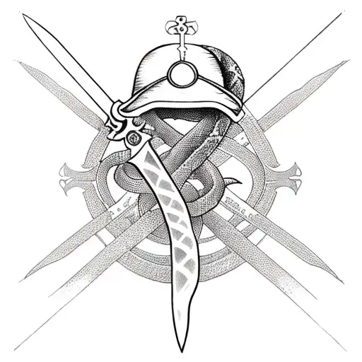 Sword With A Snake Around It And A Fire Helmet On Top And A Cross