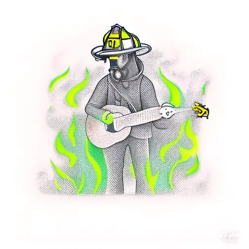 A Firefighter Holding A Guitar Surrounded By Green Flames