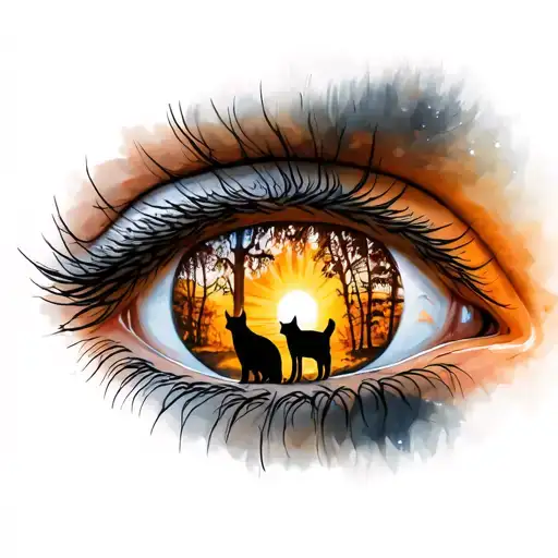 Realistic Eye With Woods And 3 Cats Playing With Sunset In The Reflection Of The Eye