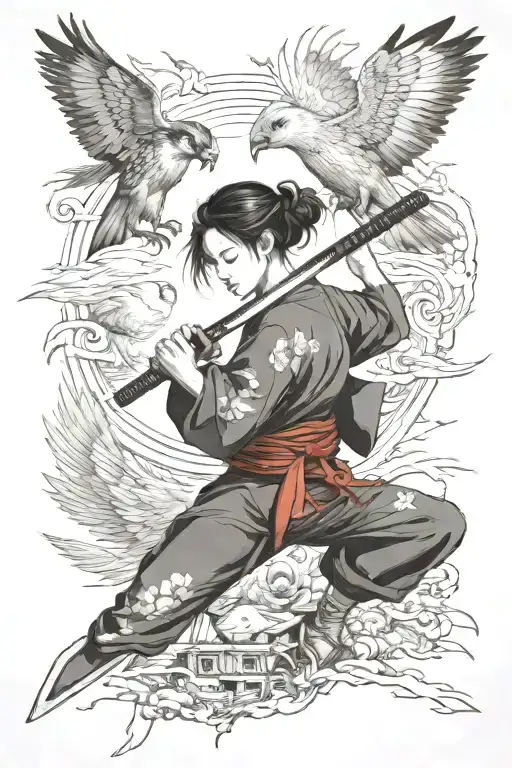 Japanese Girl With Katana Surrounded By Falcon Spreading Wings And A Boy Below