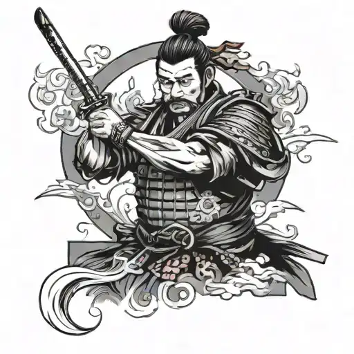 Samurai Traditional With Smoke Background Black