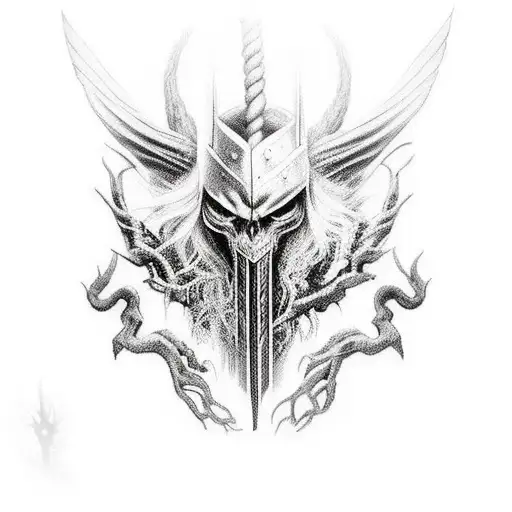 Full Arm Dark Design An Arpg-inspired Tattoo With Elements Of Norse Mythology In A Black Whitestyle