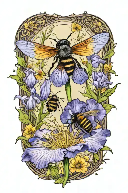 Iris And Dandelion In A Circle With A Bee