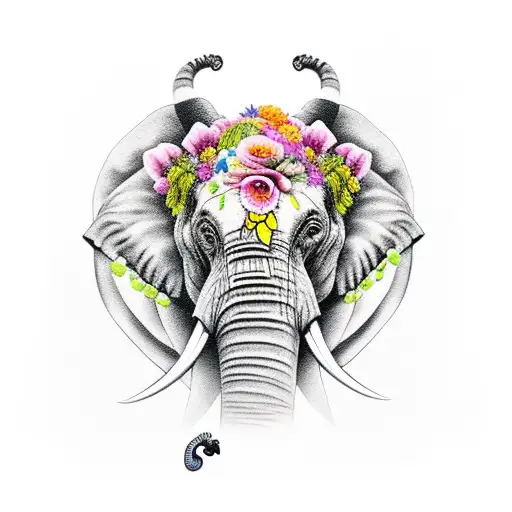 Half Elephant Half Mad Tiger With Flowers And Limes Going Around It