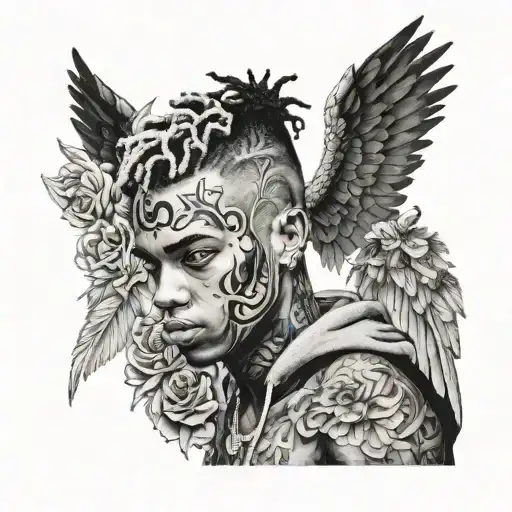 Xxxtentacion Face Tattoo With All His Tattoos On It With Wing Ridden Angel And 17