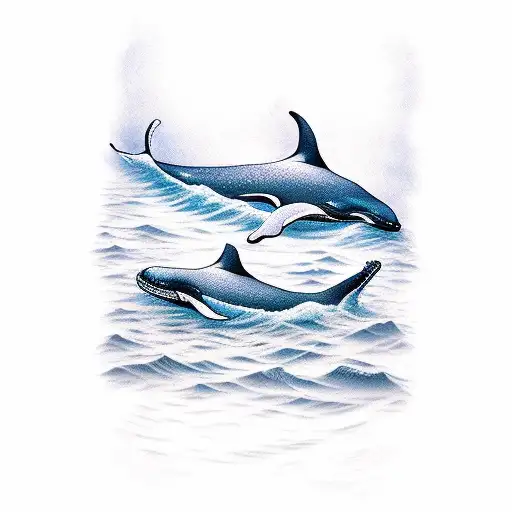 A Traditional Style Tattoo Of A Serene Ocean Scene With Whales Swimming Gracefully