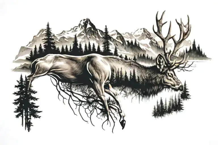 Deer In Forest With Mountains