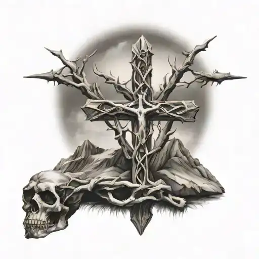 Three Crosses On Mountain With Crown Of Thorns On Middle Cross