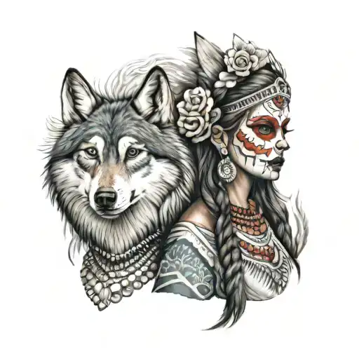 Native American Dia De Los Muertos Bride In A Traditional Mexican Dress With Two Wolves