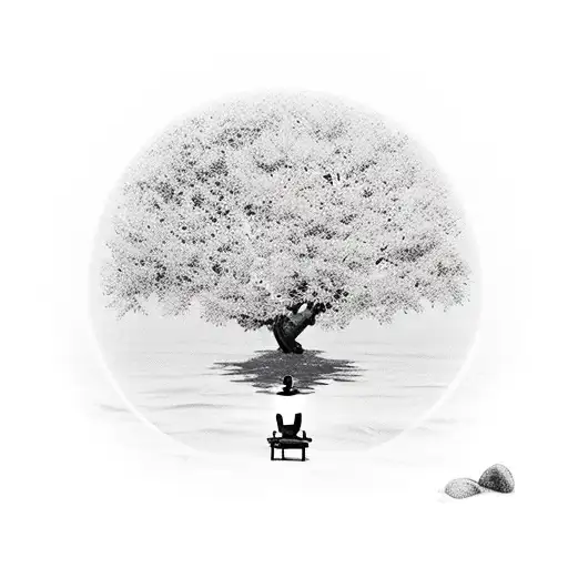 A Serene Beach Scene With A Meditating Figure Under A Tree Of Life