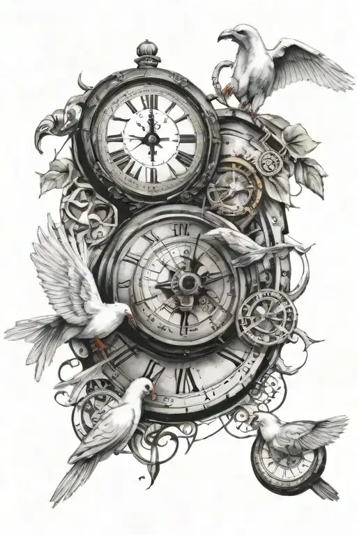 A Clock A Compass Behind The Clock Next To It 2 White Doves 3 Glued Dice And Money Rolling Around