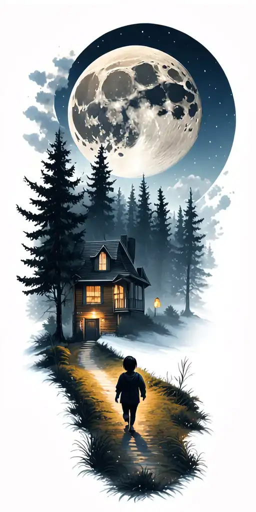 Road Through The Forest Child Walking To House Moon Sky