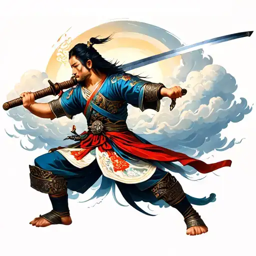 Japanese Clouds With Warrior Wielding A Sword
