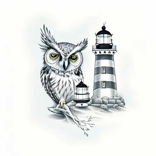 Owl With A Lighthouse And Lightning