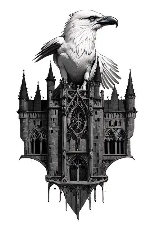 Generate A Sketch Of The Tattoo Of The White Crow And Gothic Castle