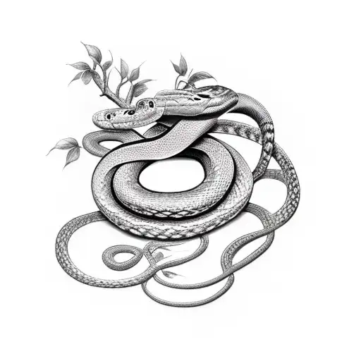 Snake Wrapping Around A Branch With Flowers Around