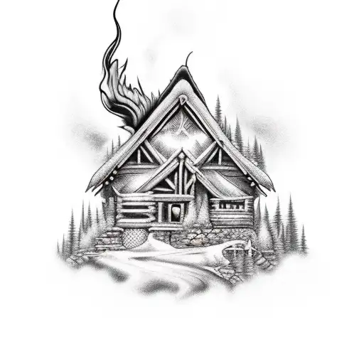 Black Tattoo - Mountain Hut With Fire And Big Deer