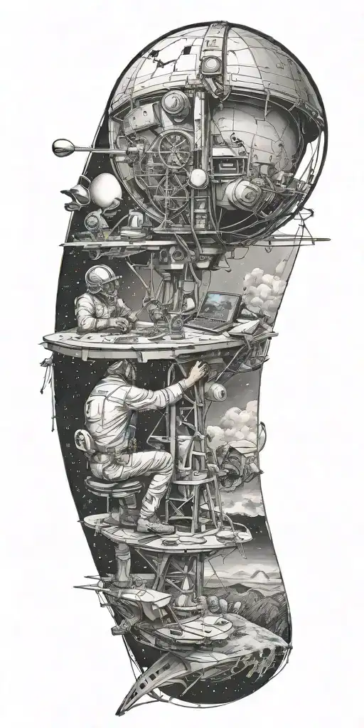 A Satellite Engineer Working On A Satellite In Space With A Golf Course Below