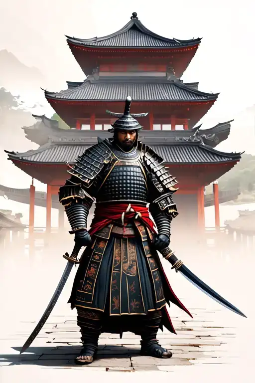 Samurai With Full Armour Holding Katana Sword Standing Infront Of Traditional Temple