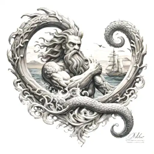 Poseidon And Kraken Into Ocean Scene