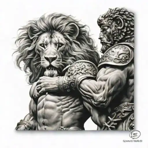 Create A Tattoo Sleeve That Has Samson Wrestling A Lion On A Persons Chest