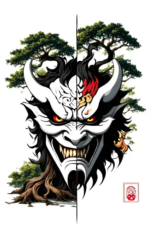Oni Mask Split In Half With Tree In The Background