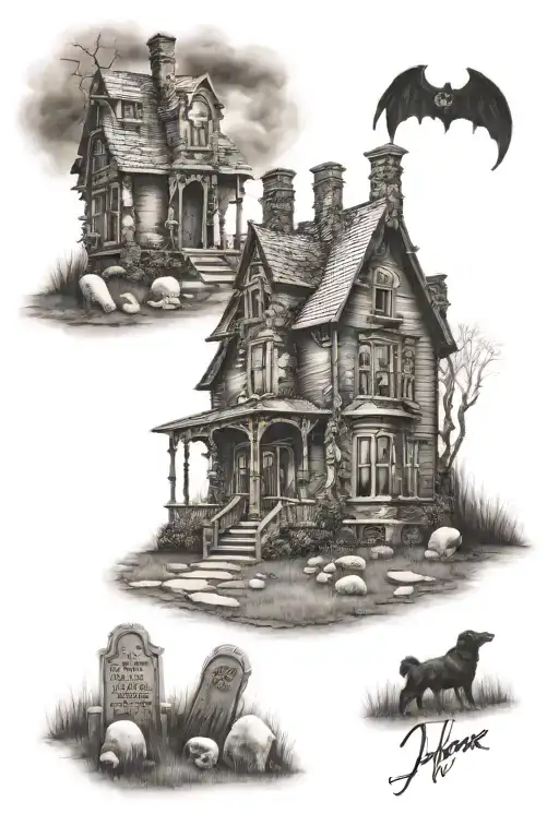 Haunted Gothic House With Headstones In The Yard