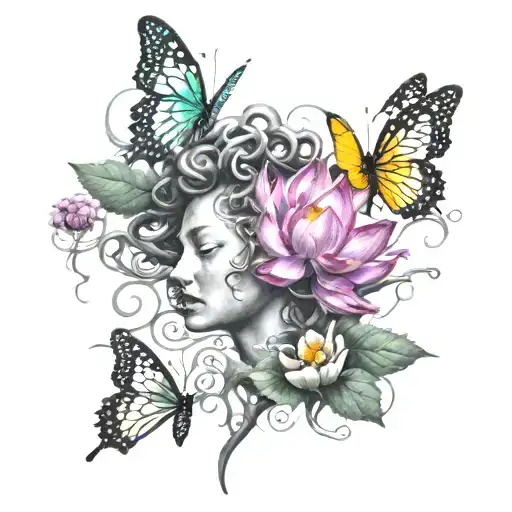 Medusa Blooming Lotuses Withbutterflies Fluttering Around