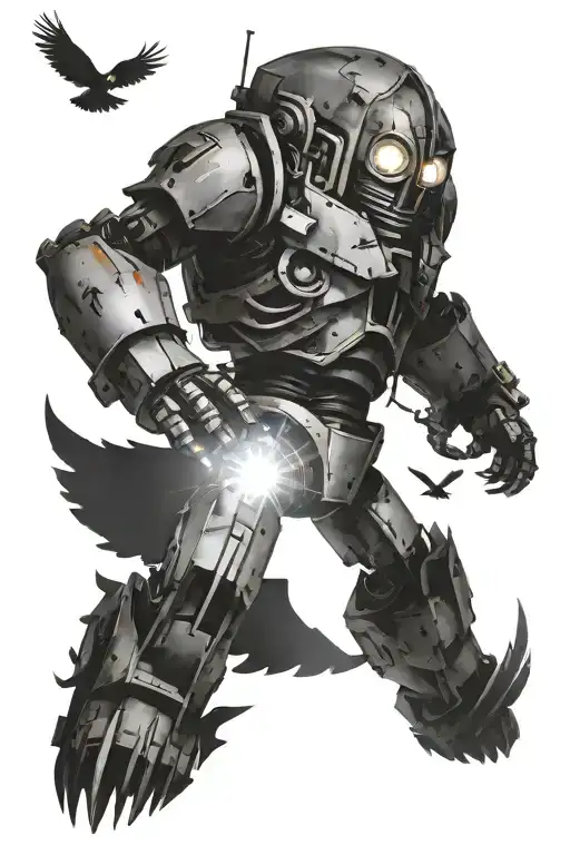 Iron Giant With A Phoenix Flying Around Each Other