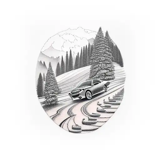 A Minimalist Tattoo Of A Car Driving Through A Scenic Hiking Trail
