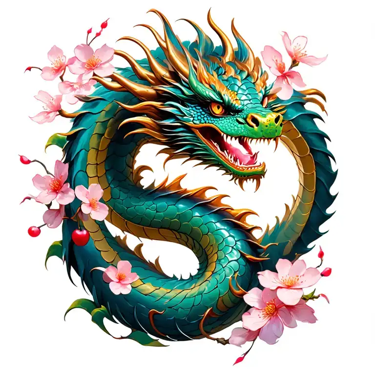 Dragon With Cherry Blossom Tattoo Design For Women