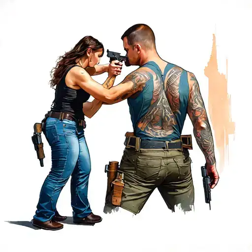 Woman Stands Behind Men And Gives Him A Gun