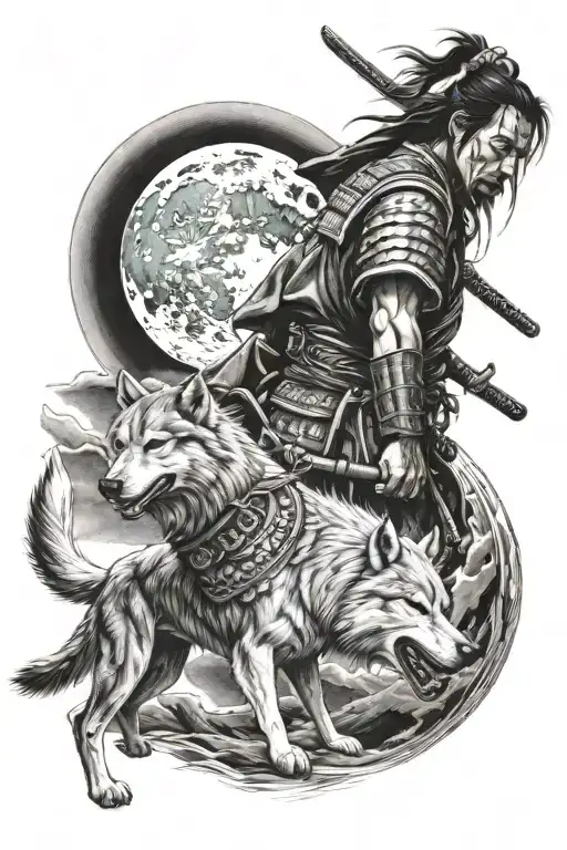 Samurai Warrior Standing With His Wolf Howling At The Moon