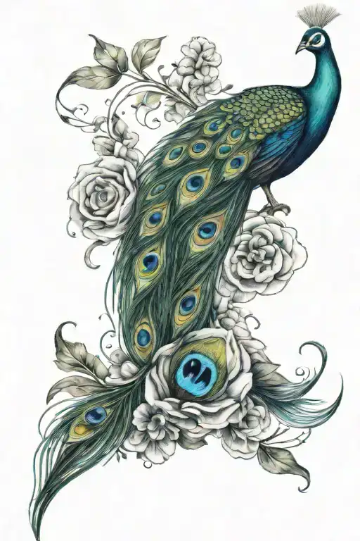 Peacock Feather And Flowers Intertwined