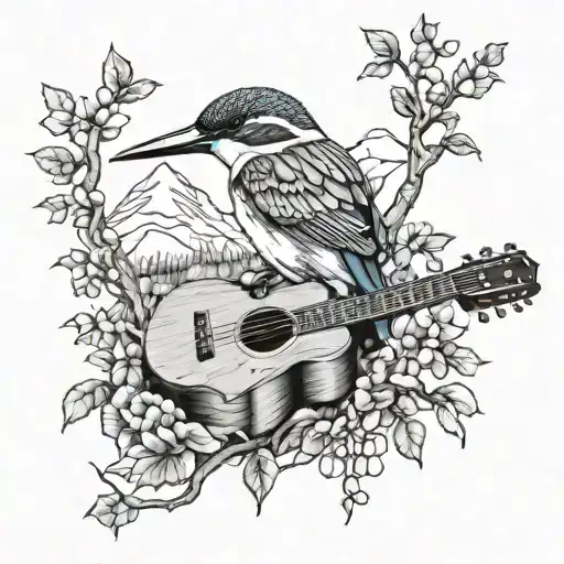Music And Nature Trees Birds And Guitar Or Piano Keys Mountain Kingfisher