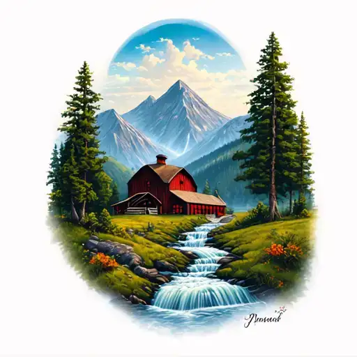 Mountains With River And Waterfall Below It And Farm With Barn
